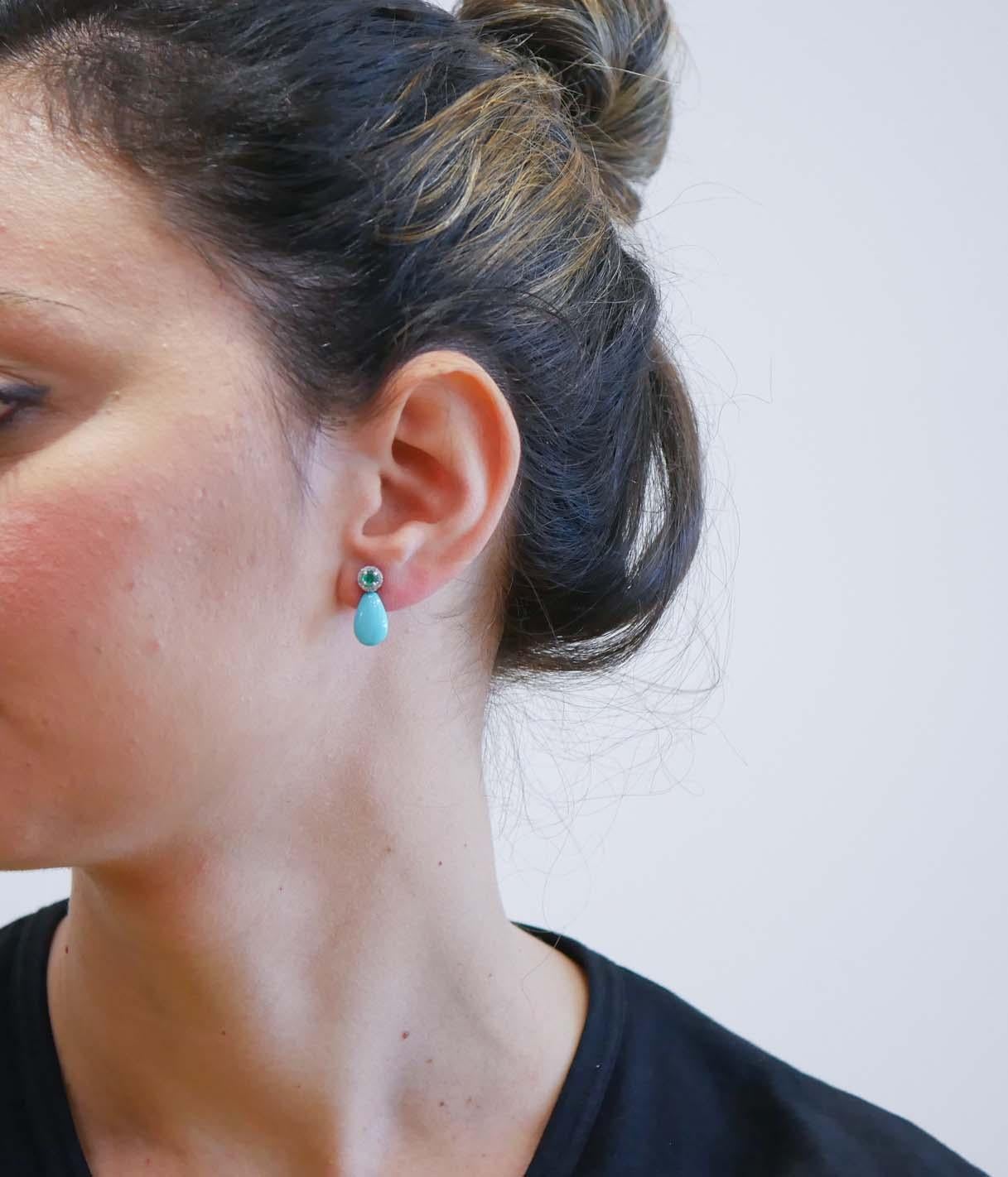 Mixed Cut Turquoise, Emeralds, Diamonds, 14 Karat White Gold Earrings.