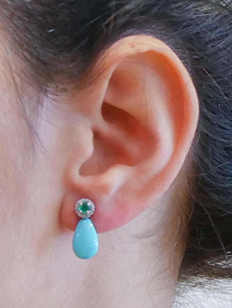 Turquoise, Emeralds, Diamonds, 14 Karat White Gold Earrings. In Good Condition In Marcianise, Marcianise (CE)