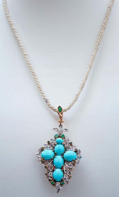 Turquoise, Emeralds, Diamonds, Rose Gold and Silver Cross Pendant.