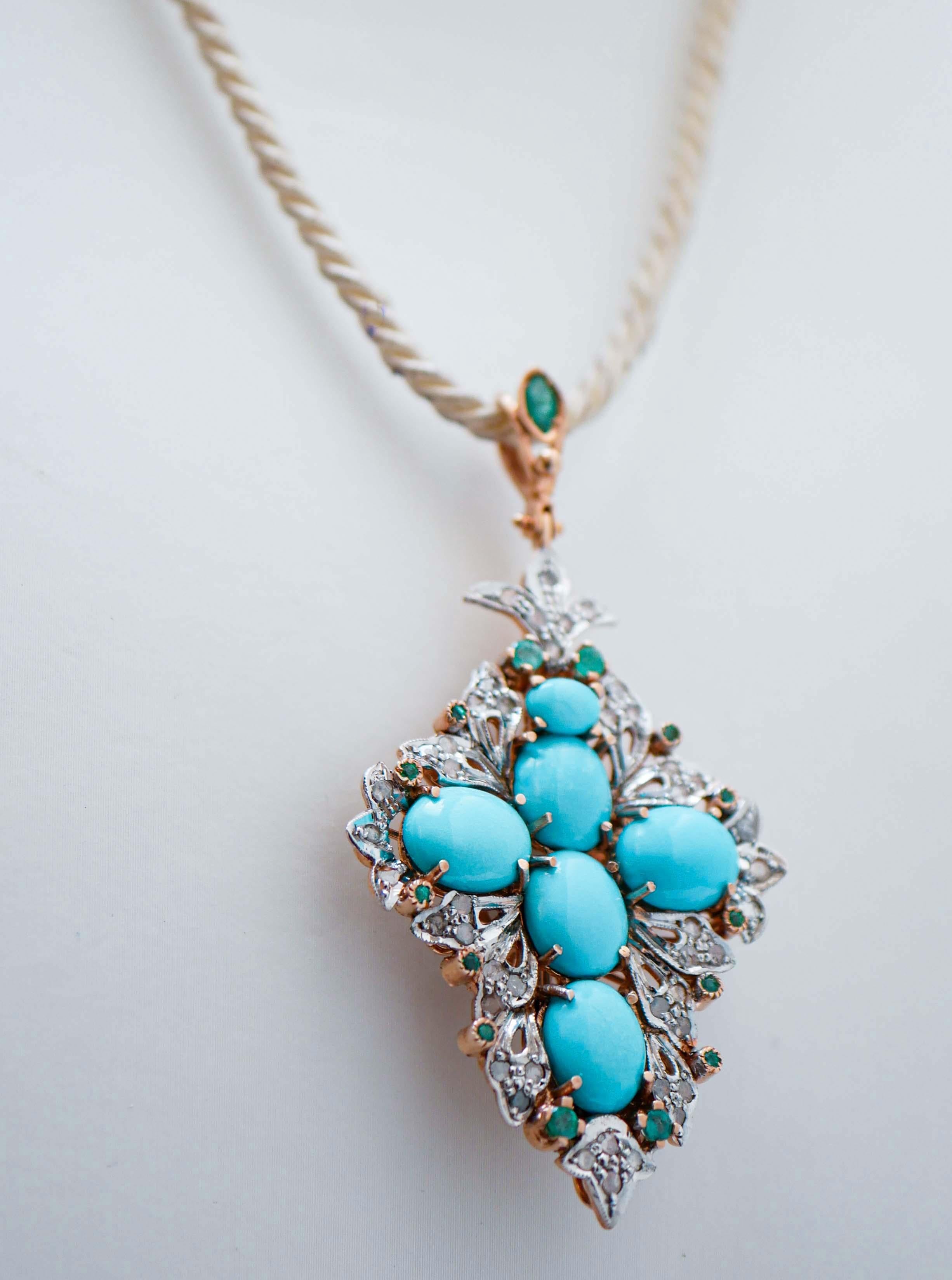 Retro Turquoise, Emeralds, Diamonds, Rose Gold and Silver Cross Pendant. For Sale