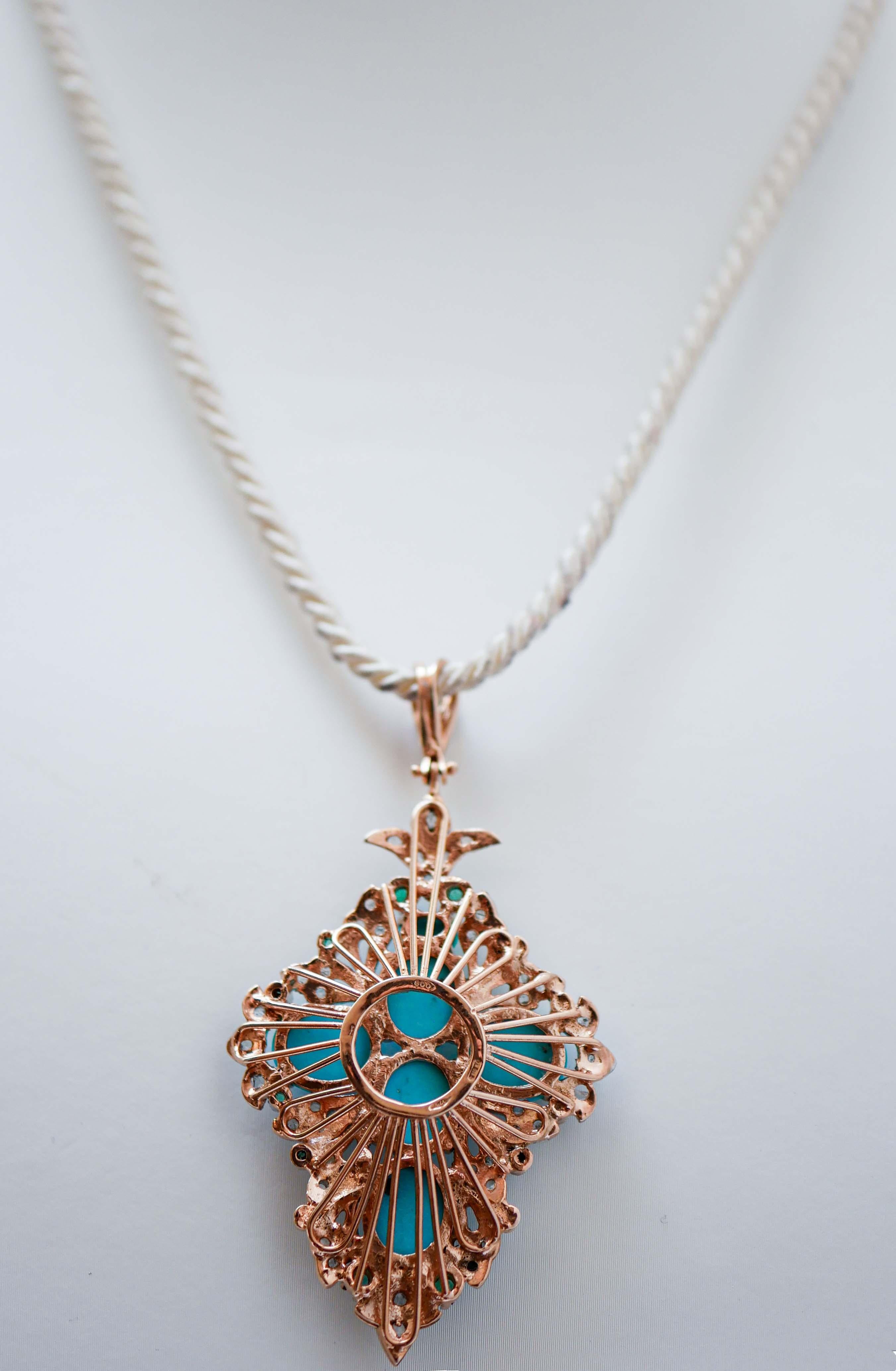 Mixed Cut Turquoise, Emeralds, Diamonds, Rose Gold and Silver Cross Pendant. For Sale