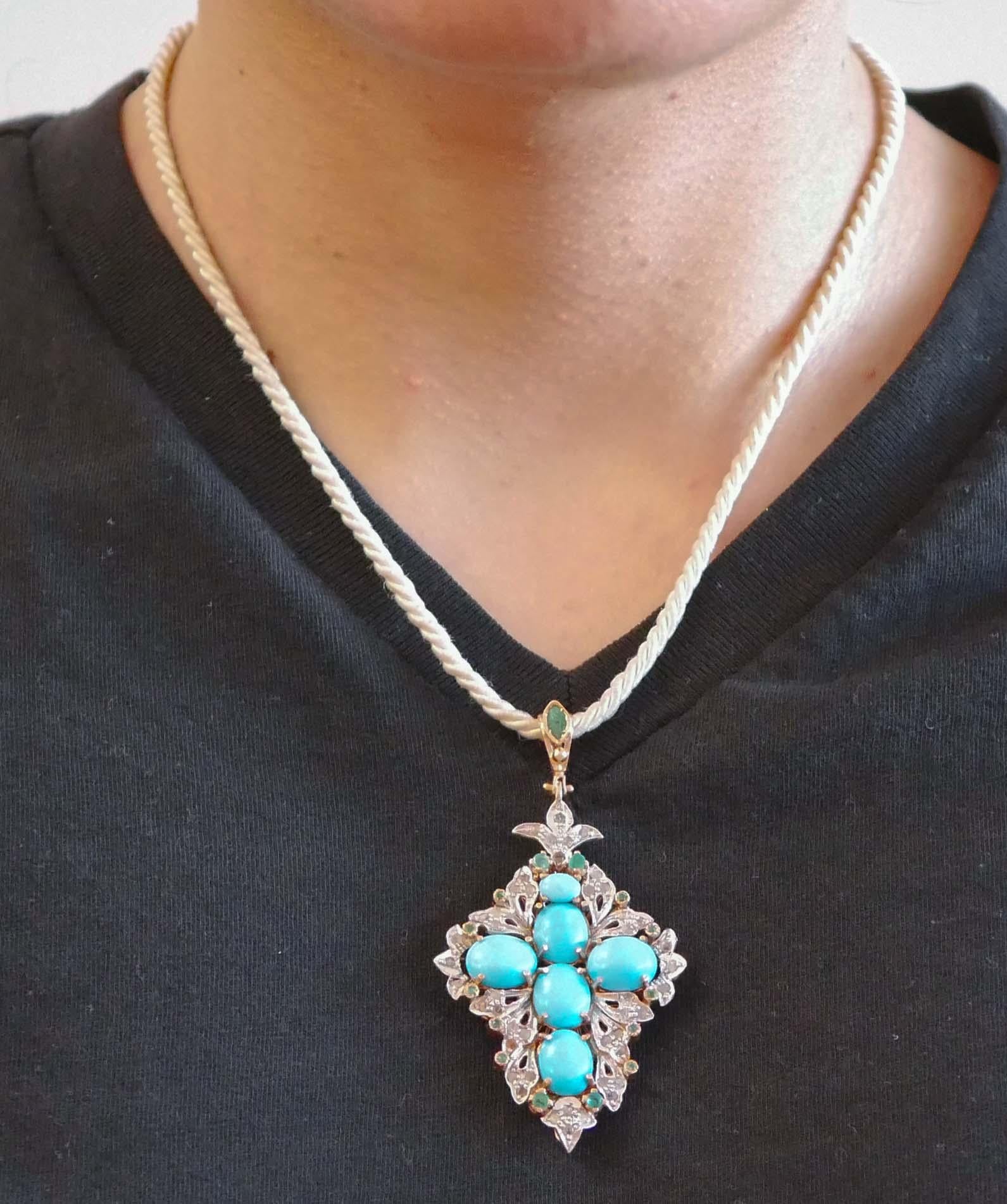 Women's Turquoise, Emeralds, Diamonds, Rose Gold and Silver Cross Pendant. For Sale