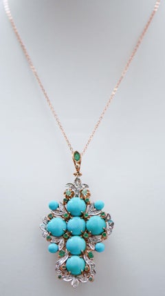 Turquoise, Emeralds, Diamonds, Rose Gold and Silver Cross Pendant Necklace