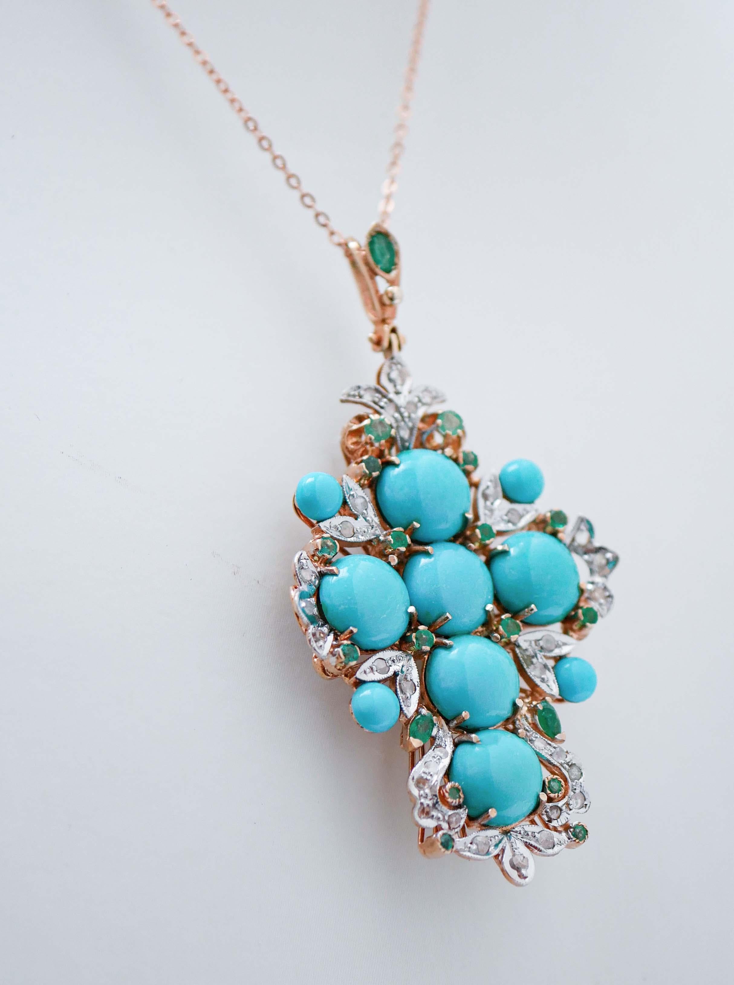 Retro Turquoise, Emeralds, Diamonds, Rose Gold and Silver Cross Pendant Necklace For Sale