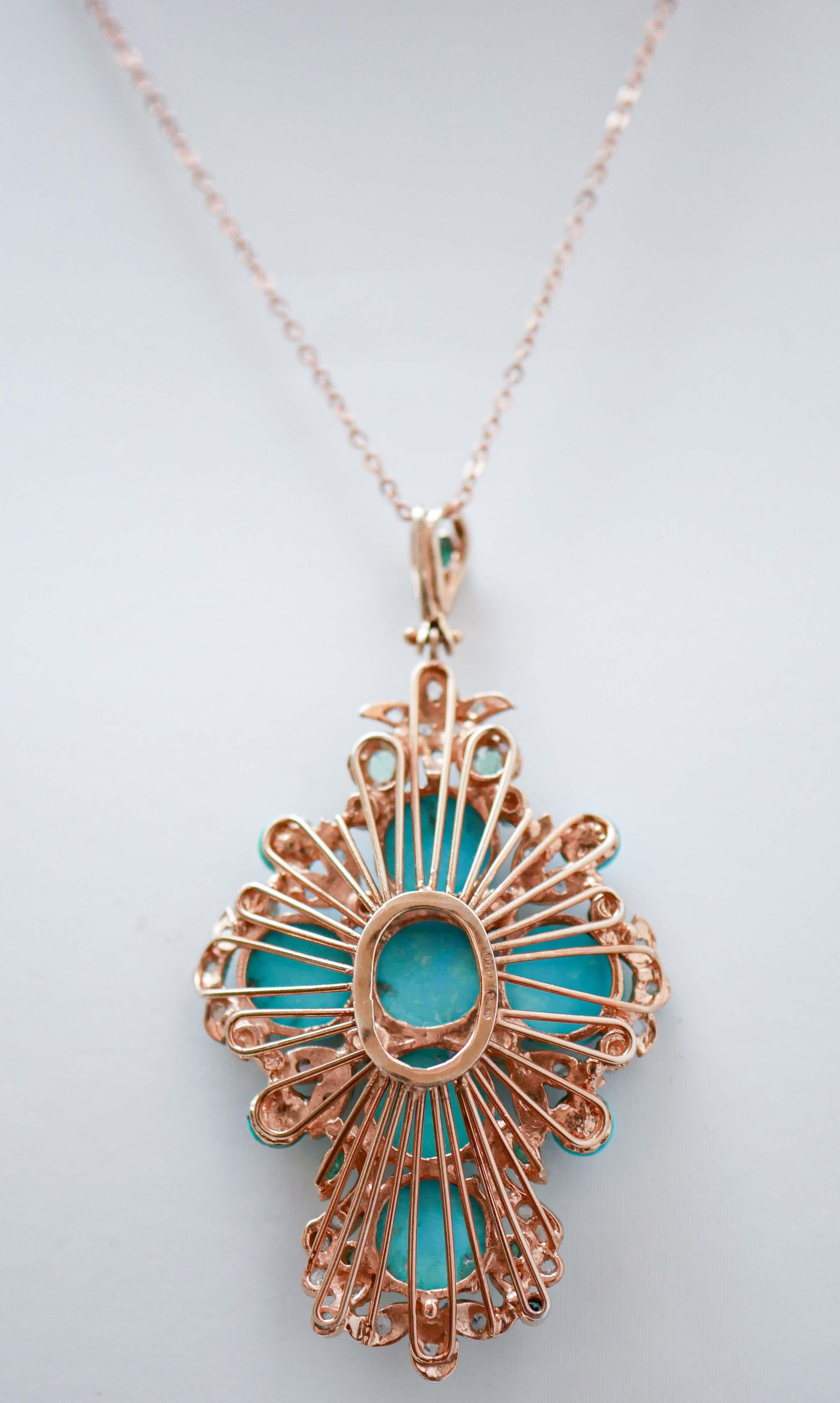 Mixed Cut Turquoise, Emeralds, Diamonds, Rose Gold and Silver Cross Pendant Necklace For Sale