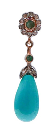Turquoise, Emeralds, Diamonds, Rose Gold and Silver Earrings.