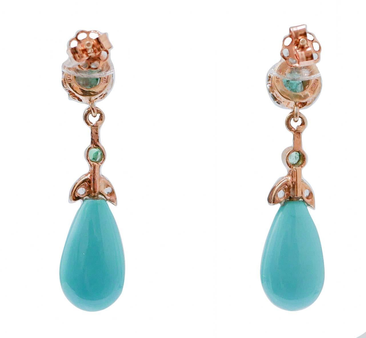 Retro Turquoise, Emeralds, Diamonds, Rose Gold and Silver Earrings.