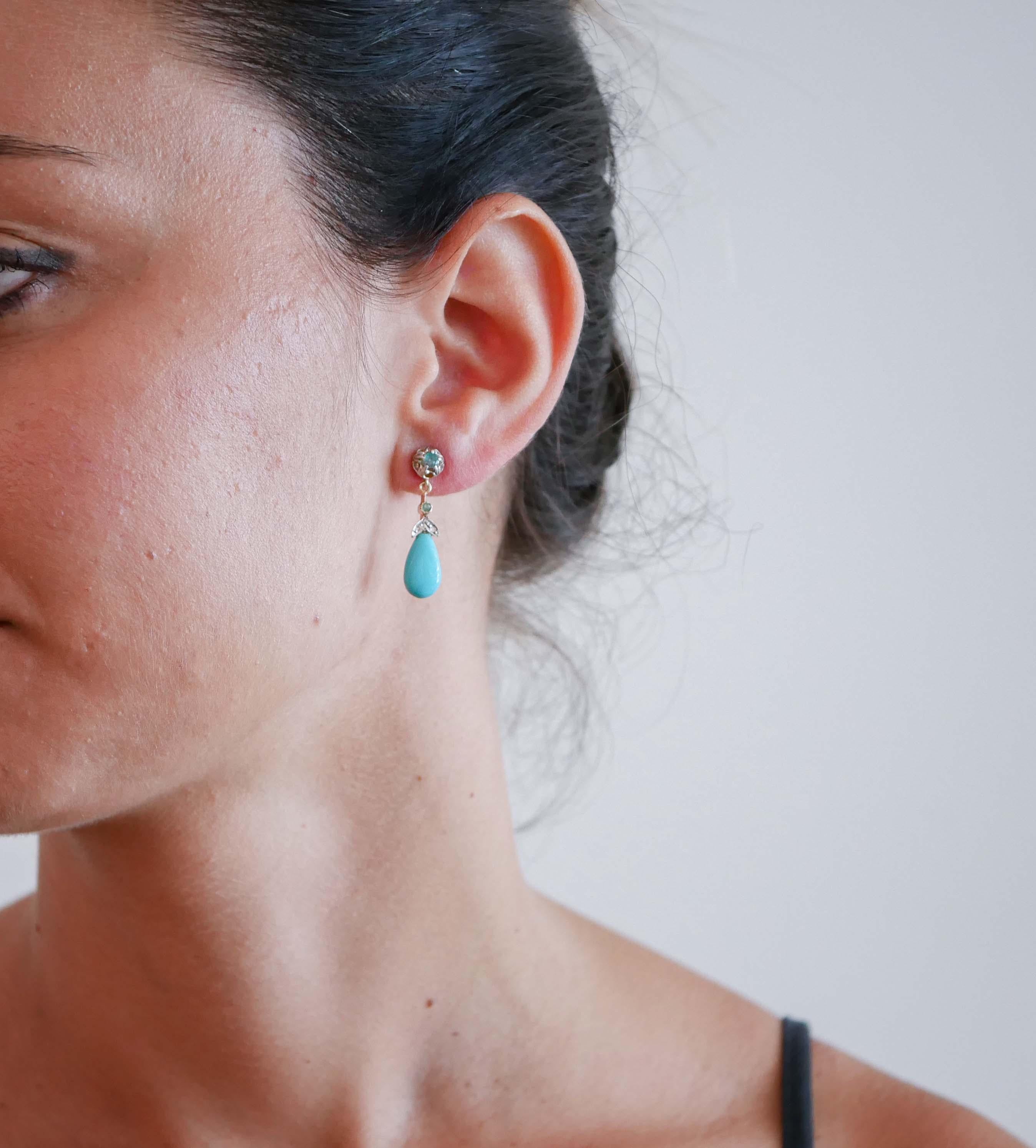 Mixed Cut Turquoise, Emeralds, Diamonds, Rose Gold and Silver Earrings.