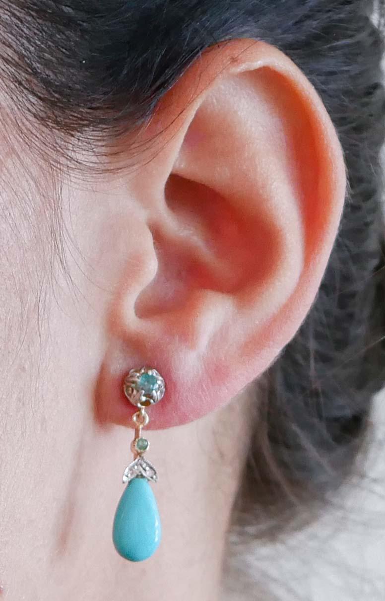 Turquoise, Emeralds, Diamonds, Rose Gold and Silver Earrings. In Good Condition In Marcianise, Marcianise (CE)