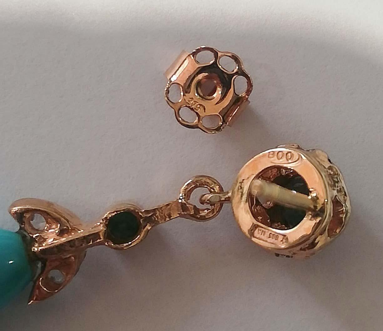 Women's Turquoise, Emeralds, Diamonds, Rose Gold and Silver Earrings.