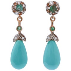 Turquoise, Emeralds, Diamonds, Rose Gold and Silver Earrings.