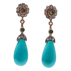 Turquoise, Emeralds, Diamonds, Rose Gold and Silver Earrings.