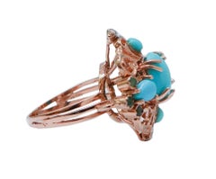 Turquoise, Emeralds, Diamonds, Rose Gold and Silver Ring.