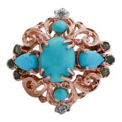 Turquoise, Emeralds, Diamonds, Rose Gold and Silver Ring.