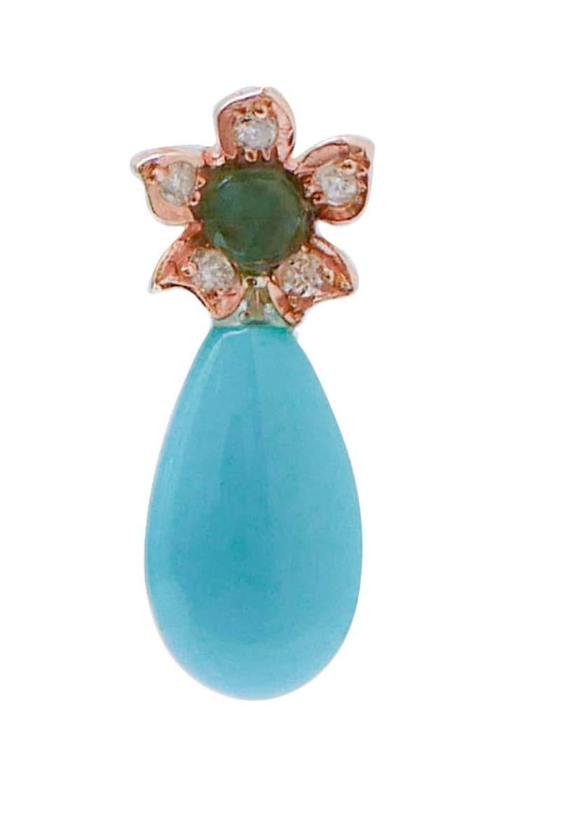 Fashion flower earrings in 9 kt rose gold structure mounted with a flower of diamonds and a central emerald. Below, a drop turquoise.
Diamonds 0.22 ct
Emeralds 0.30 ct
Turquoise 1.30 gr
Total Weight 2.30 gr
RF  +IEO

For any informations, feel free