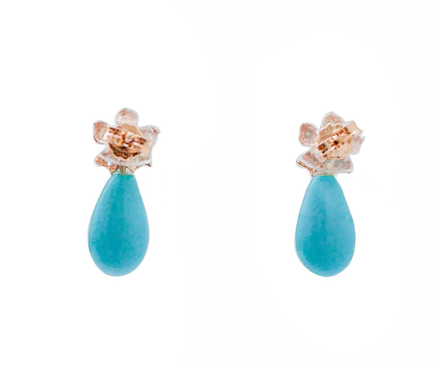 Retro Turquoise, Emeralds, Diamonds, Rose Gold Earrings. For Sale