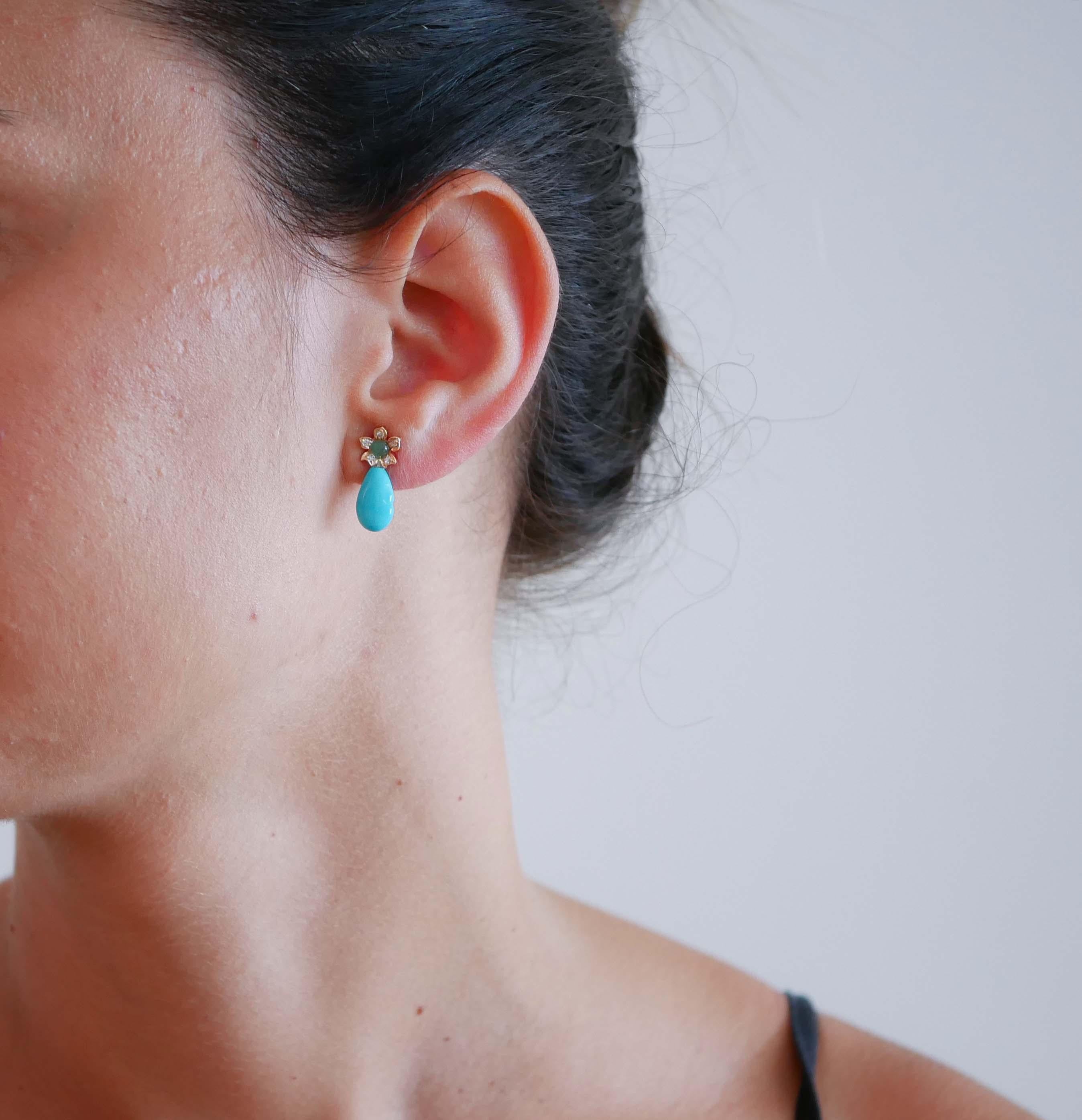 Mixed Cut Turquoise, Emeralds, Diamonds, Rose Gold Earrings. For Sale