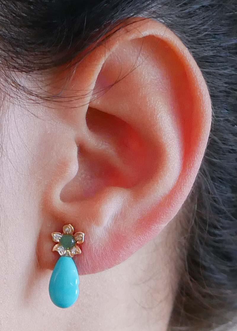 Turquoise, Emeralds, Diamonds, Rose Gold Earrings. In New Condition For Sale In Marcianise, Marcianise (CE)