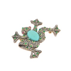 Turquoise Emeralds Diamonds Rubies 14 Karat Yellow Gold Frog Brooch