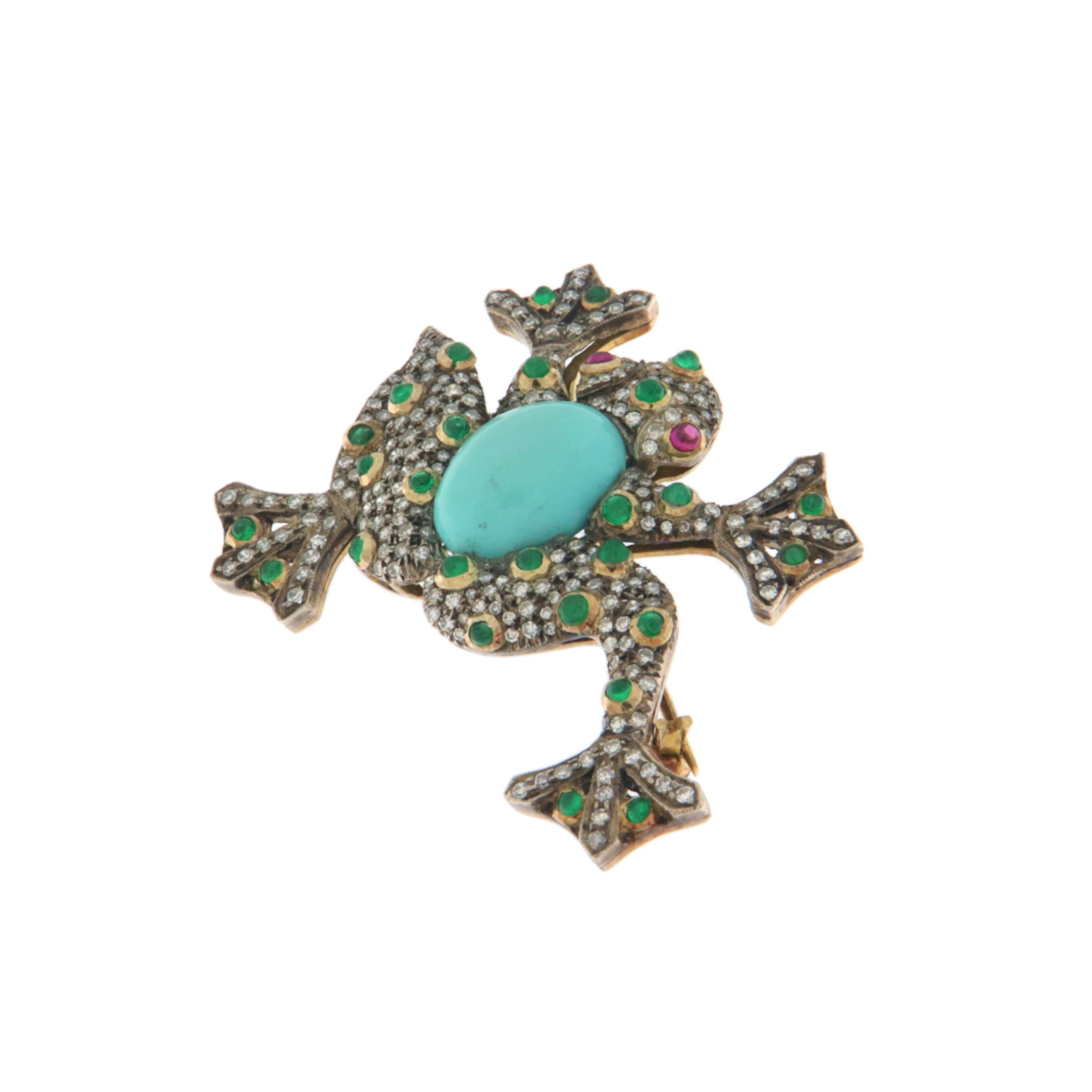 Turquoise Smaragde Diamanten Rubine 14 Karat Gelbgold Frosch-Brosche (Kunsthandwerker*in) im Angebot