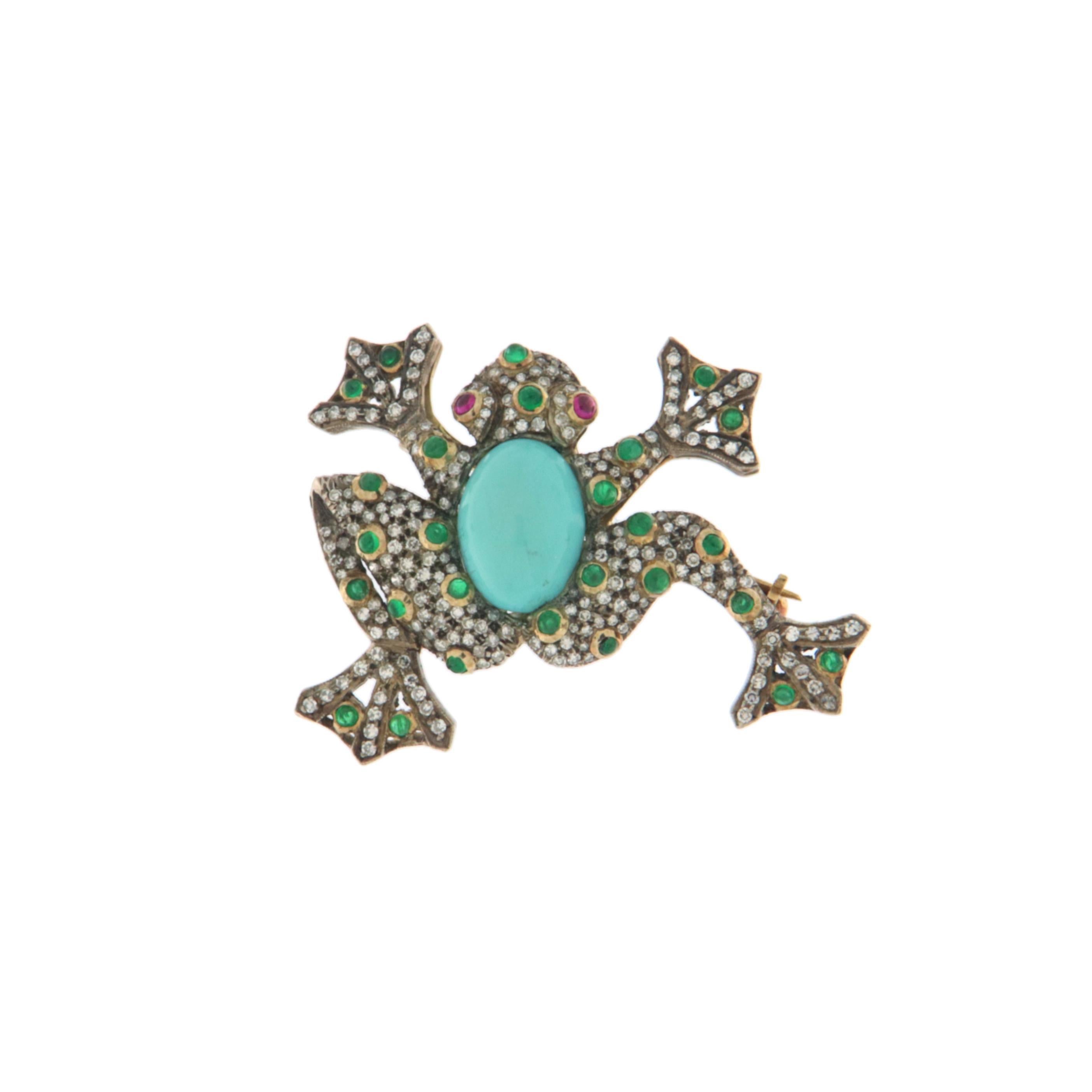 Turquoise Smaragde Diamanten Rubine 14 Karat Gelbgold Frosch-Brosche für Damen oder Herren im Angebot