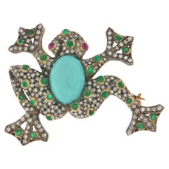 Turquoise Emeralds Diamonds Rubies 14 Karat Yellow Gold Frog Brooch