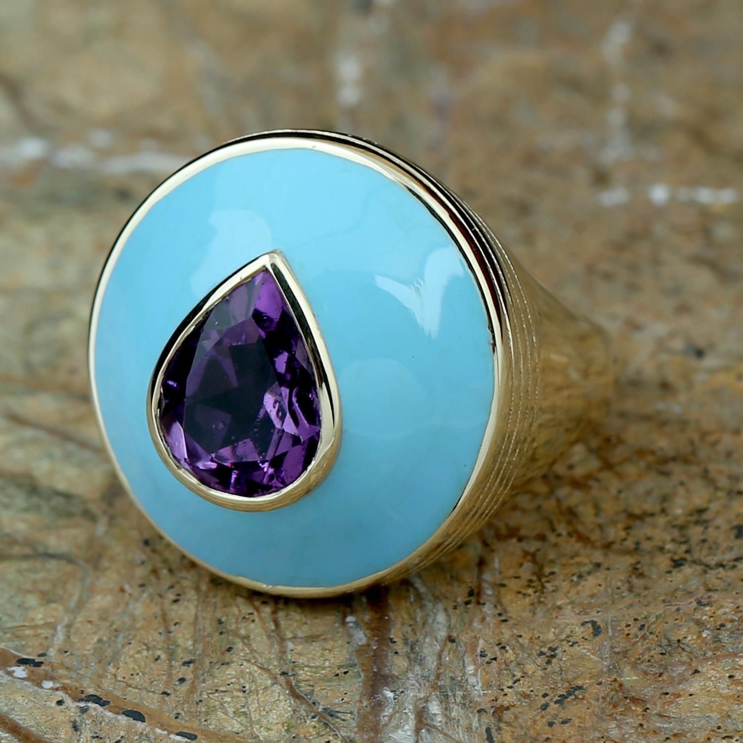 This ring has been meticulously crafted from 14-karat gold, turquoise enamel and 2.89 carats of amethyst.

The ring is a size 7 and may be resized to larger or smaller upon request. 
FOLLOW  MEGHNA JEWELS storefront to view the latest collection &