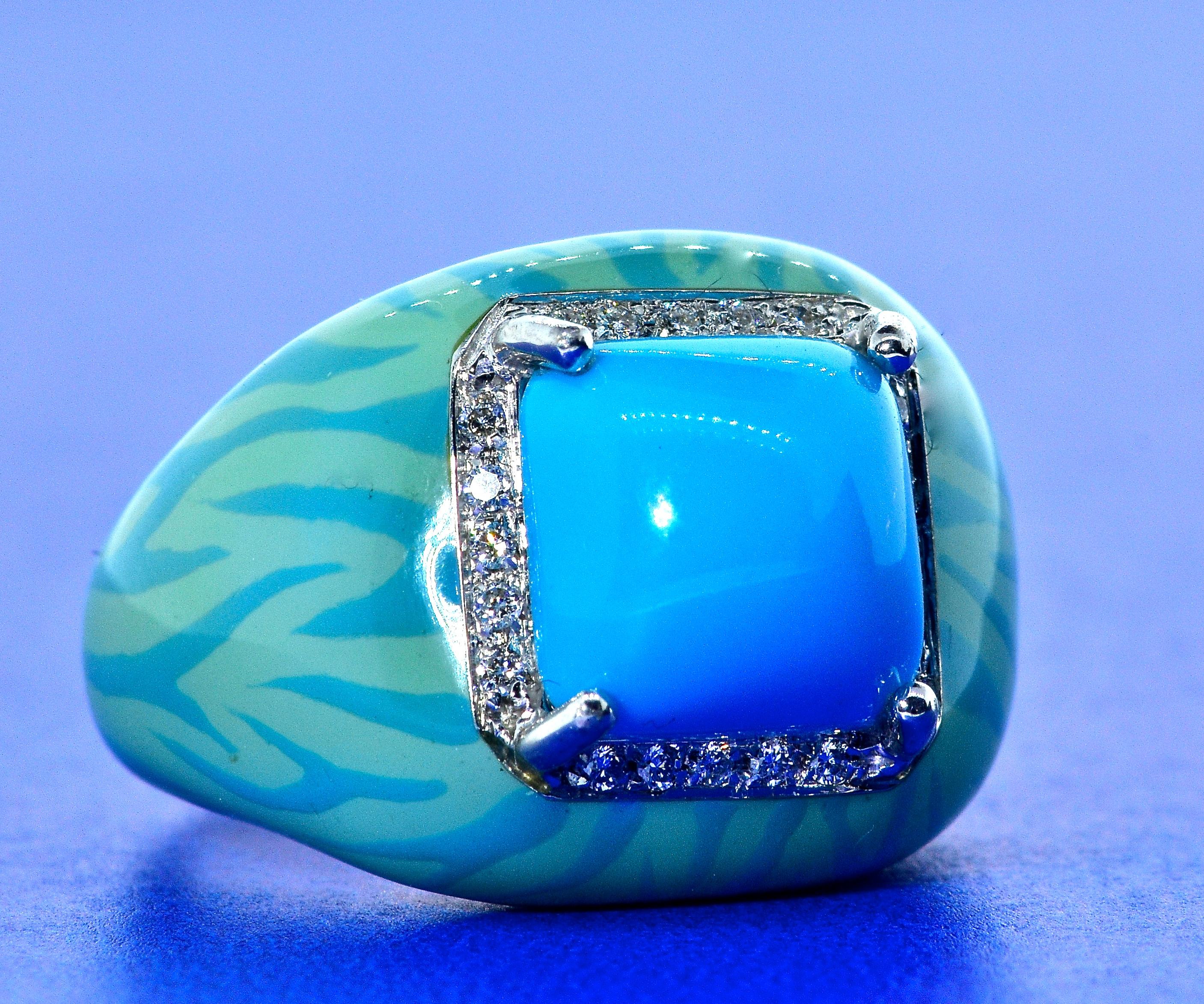 Turquoise, Enamel and Diamond 18 Karat Ring 2