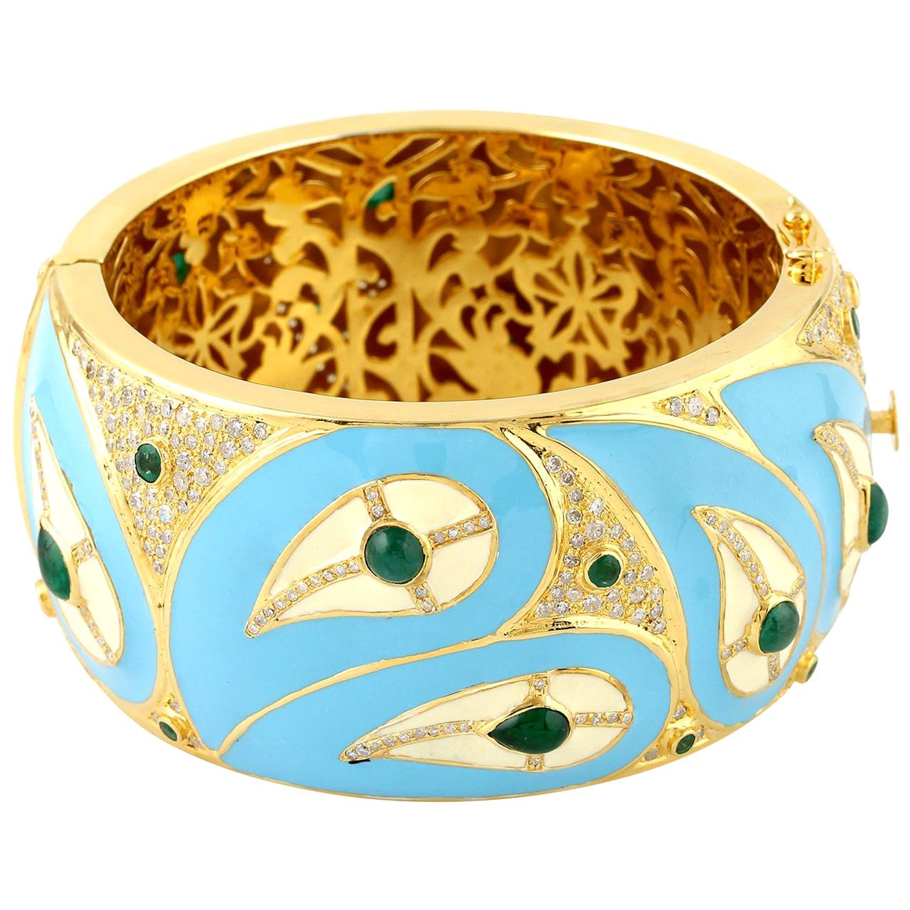 Turquoise Enamel Bangle with Diamonds and Emerald in 18 Karat Gold and Silver