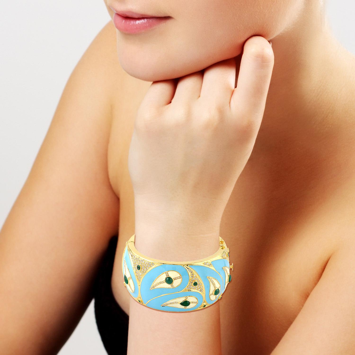 Artisan Turquoise Enamel Bangle with Diamonds and Emerald in 18 Karat Gold and Silver