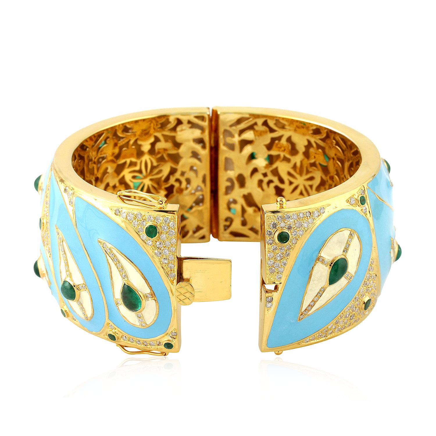 Baguette Cut Turquoise Enamel Bangle with Diamonds and Emerald in 18 Karat Gold and Silver