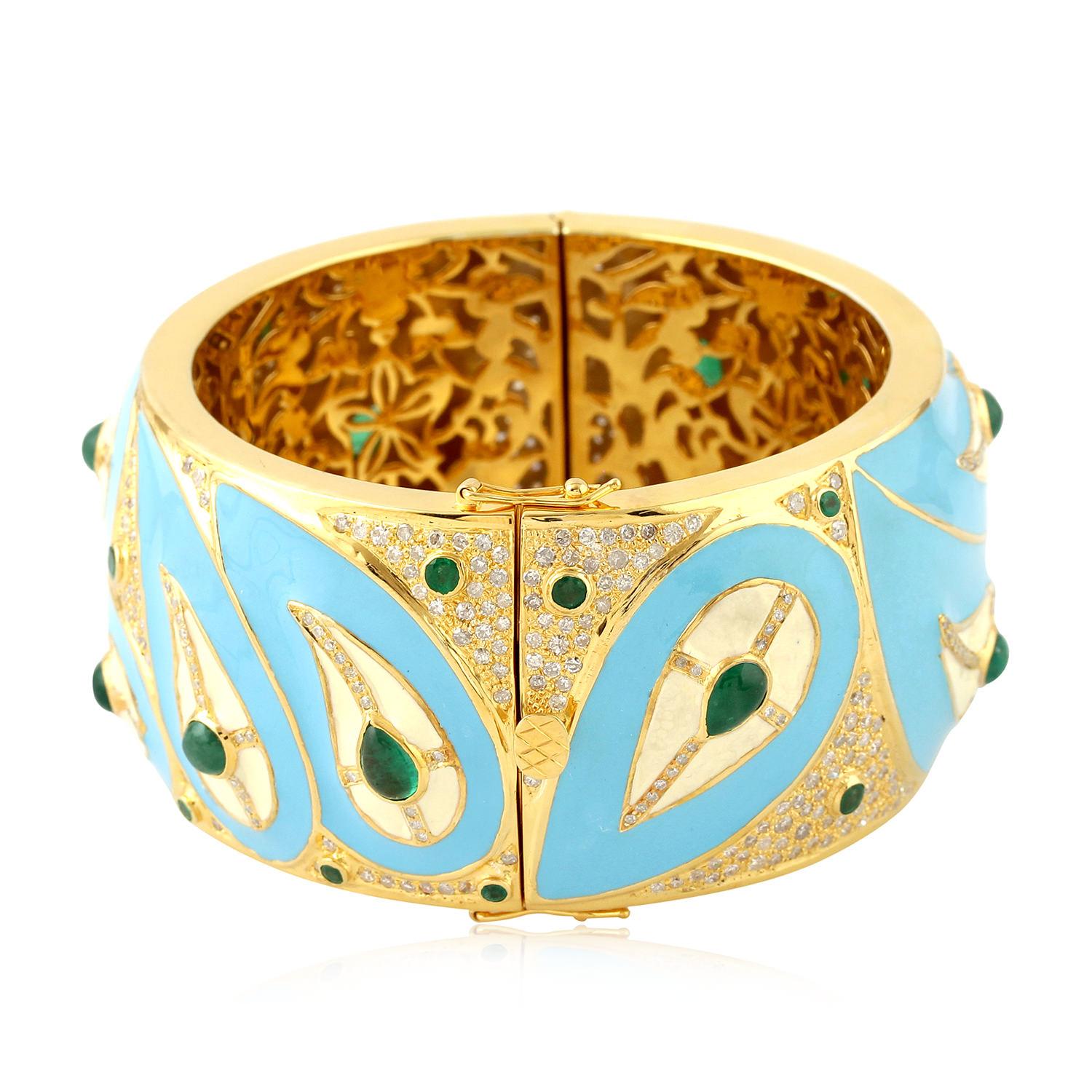 Turquoise Enamel Bangle with Diamonds and Emerald in 18 Karat Gold and Silver In New Condition In New York, NY