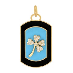 Turquoise Enamel Diamond 14 Karat Gold Leaf Clover Charm Pendant Necklace