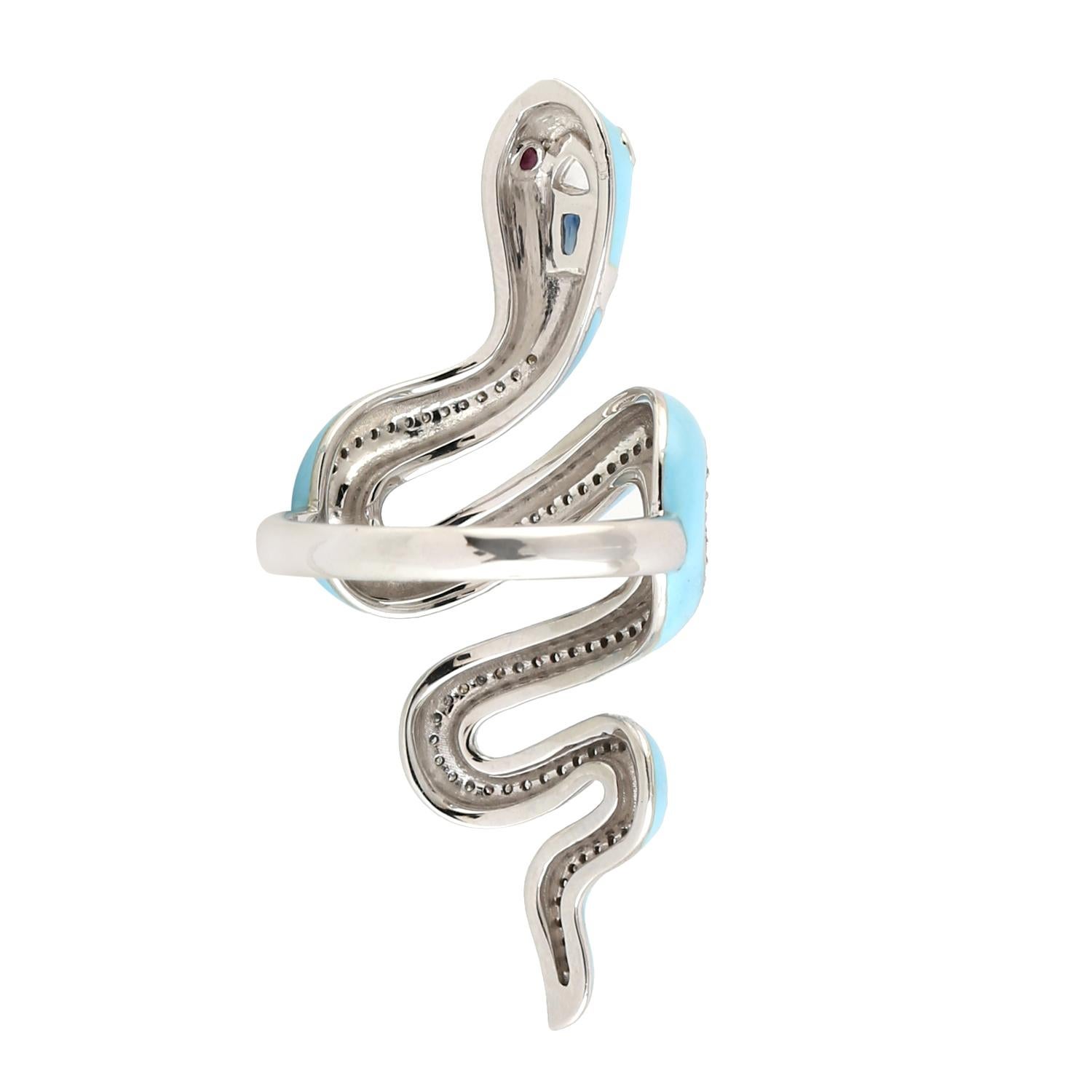Moderne Bague serpent en or 14 carats avec turquoise, émail et diamants en vente