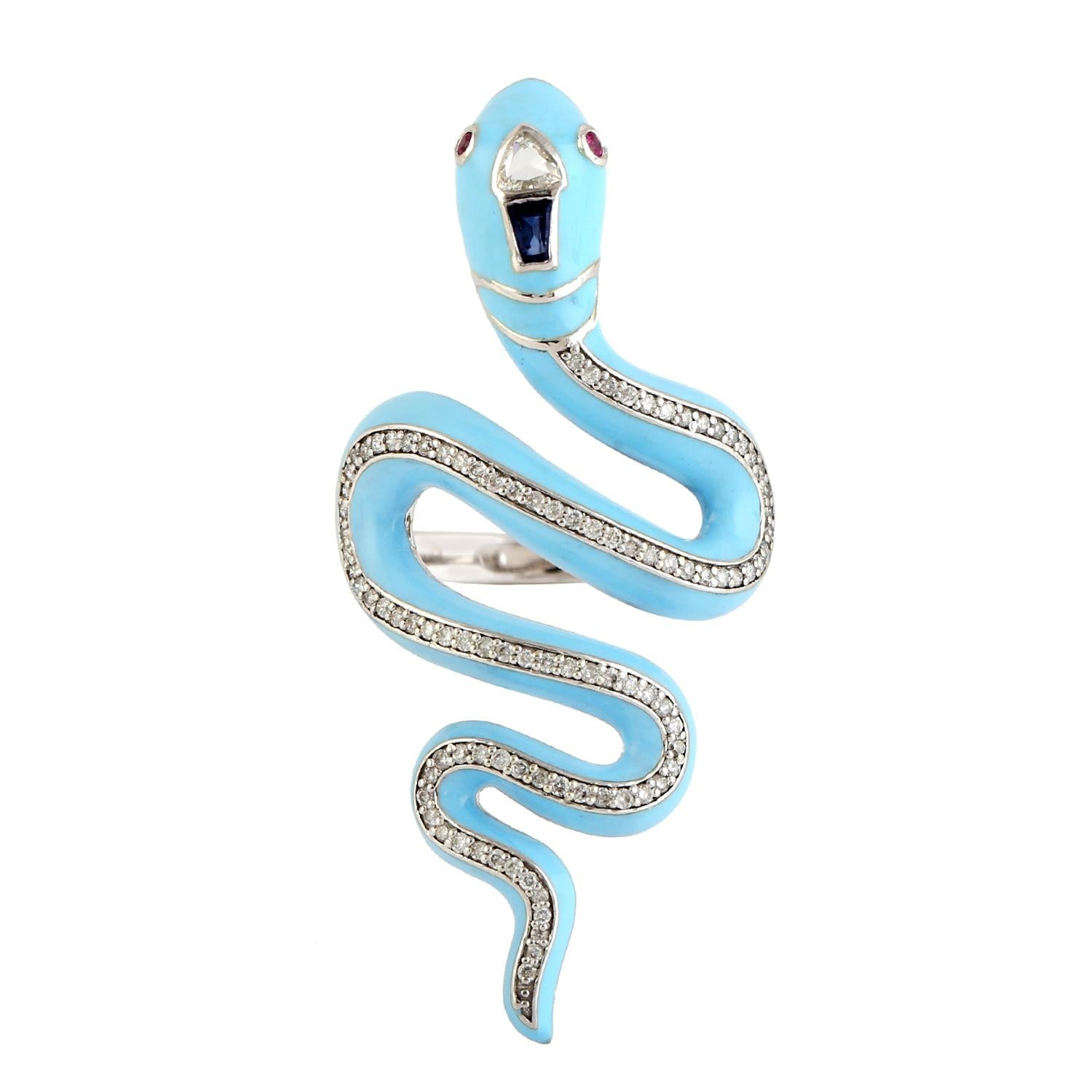 Taille mixte Bague serpent en or 14 carats avec turquoise, émail et diamants en vente
