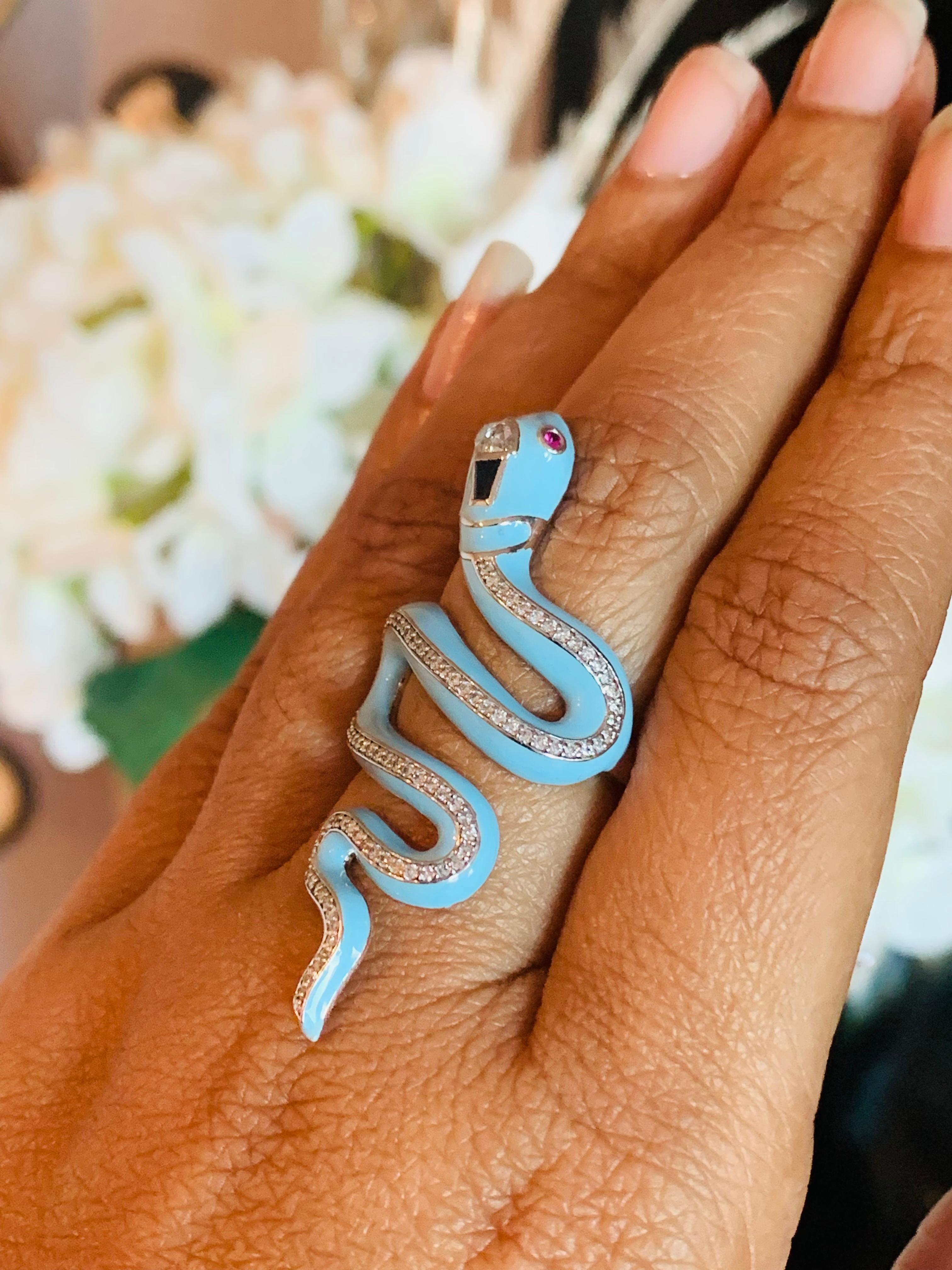 Bague serpent en or 14 carats avec turquoise, émail et diamants Neuf - En vente à Hoffman Estate, IL