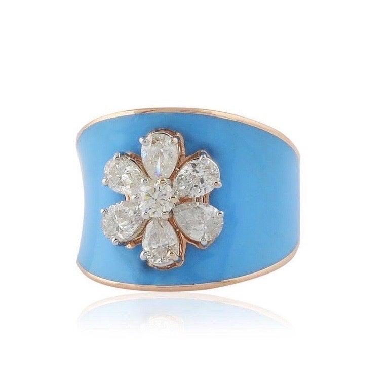 For Sale:  Turquoise Enamel Diamond 18 Karat Gold Flower Ring 2