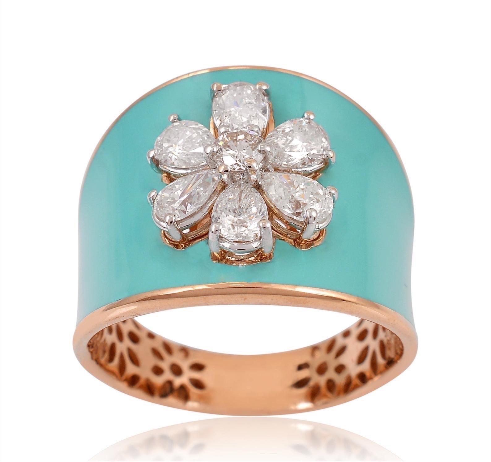 For Sale:  Turquoise Enamel Diamond 18 Karat Gold Flower Ring 3