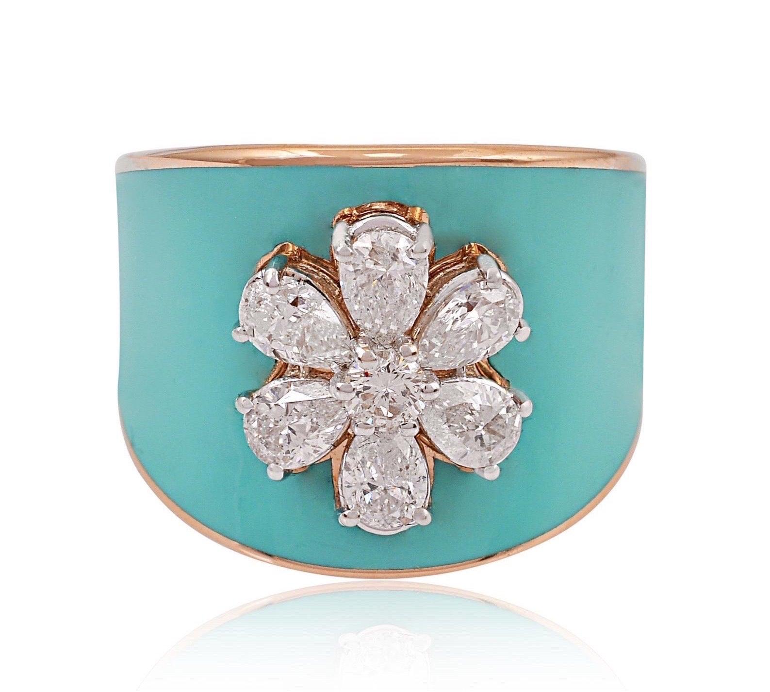 For Sale:  Turquoise Enamel Diamond 18 Karat Gold Flower Ring 4