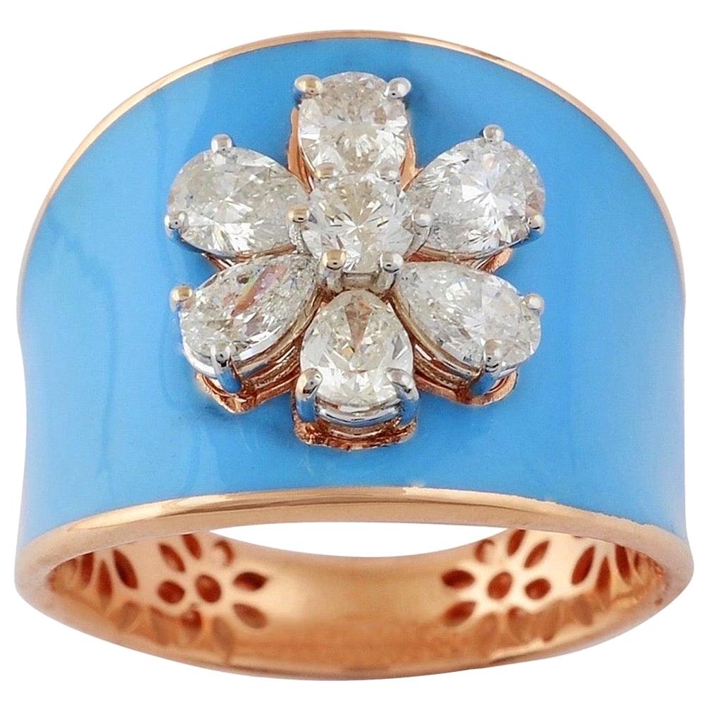 For Sale:  Turquoise Enamel Diamond 18 Karat Gold Flower Ring