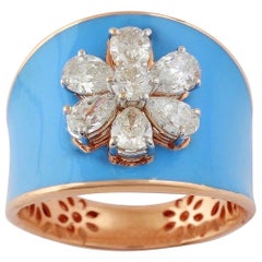 Anello Fiore in oro 18 carati con smalto turchese e diamanti