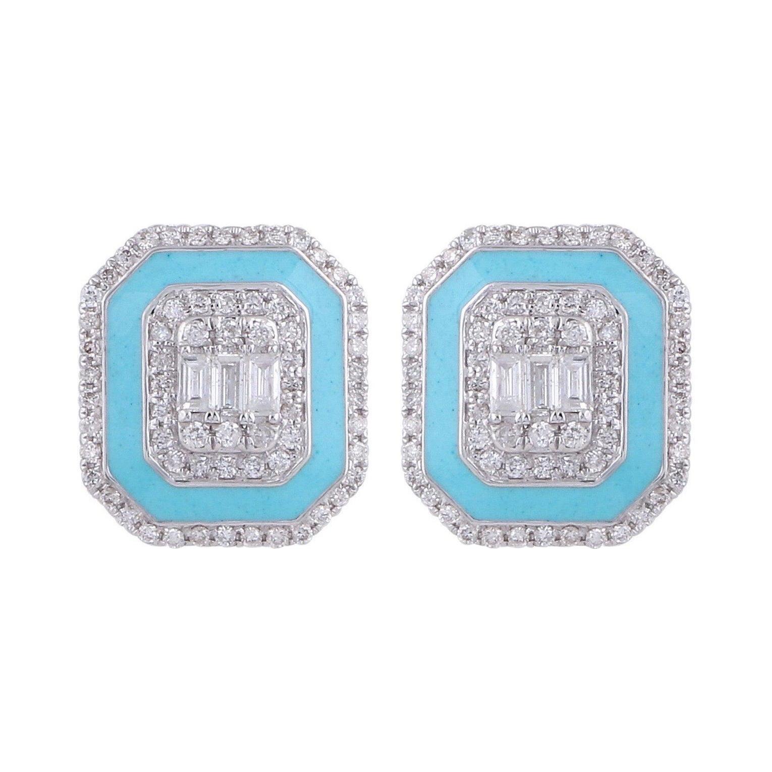 Turquoise Enamel Diamond 14 Karat Gold Stud Earrings For Sale
