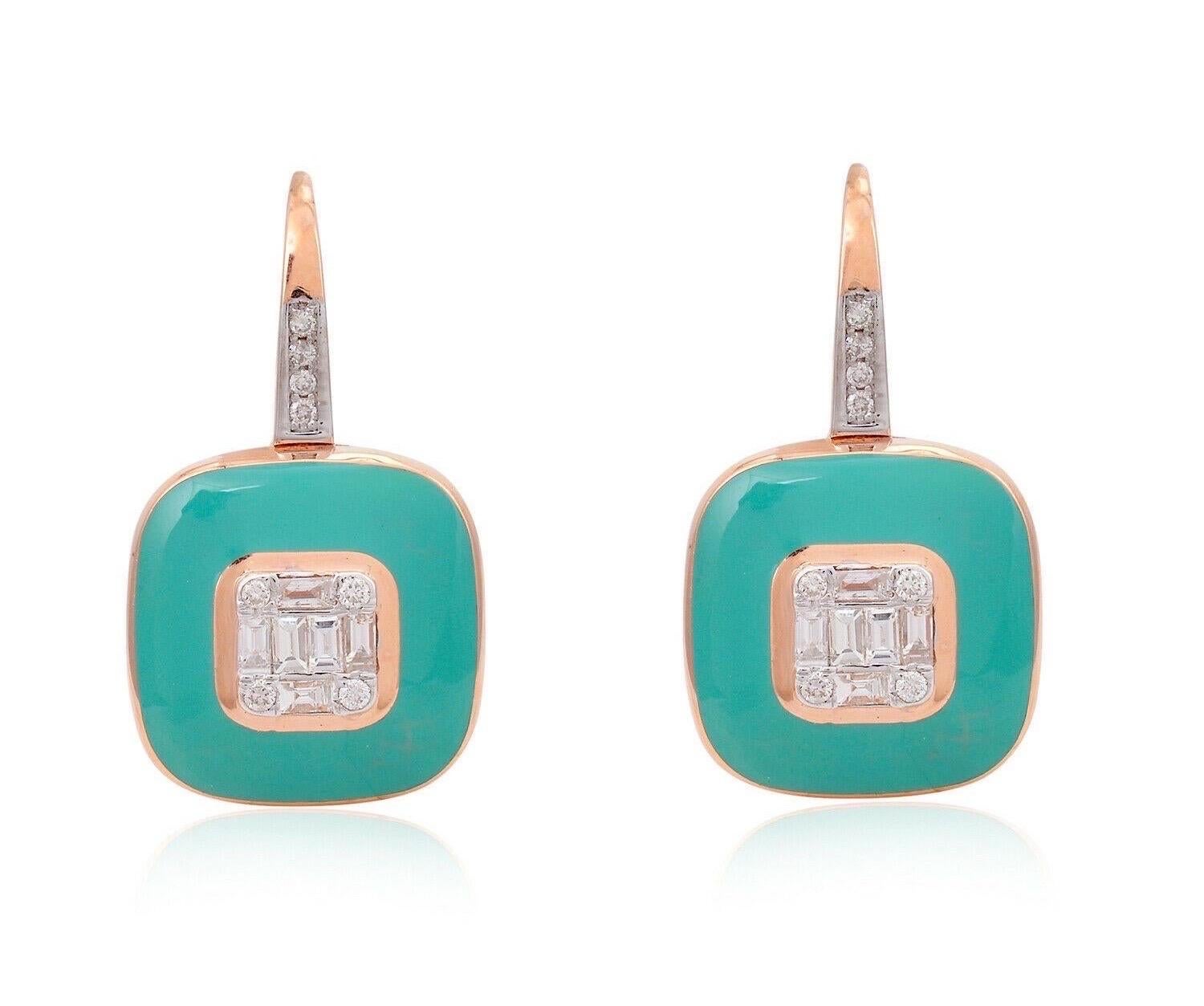 Modern Turquoise Enamel Diamond 18 Karat Rose Gold Earrings For Sale
