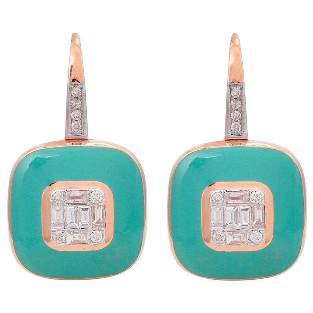 Turquoise Enamel Diamond 18 Karat Rose Gold Earrings For Sale