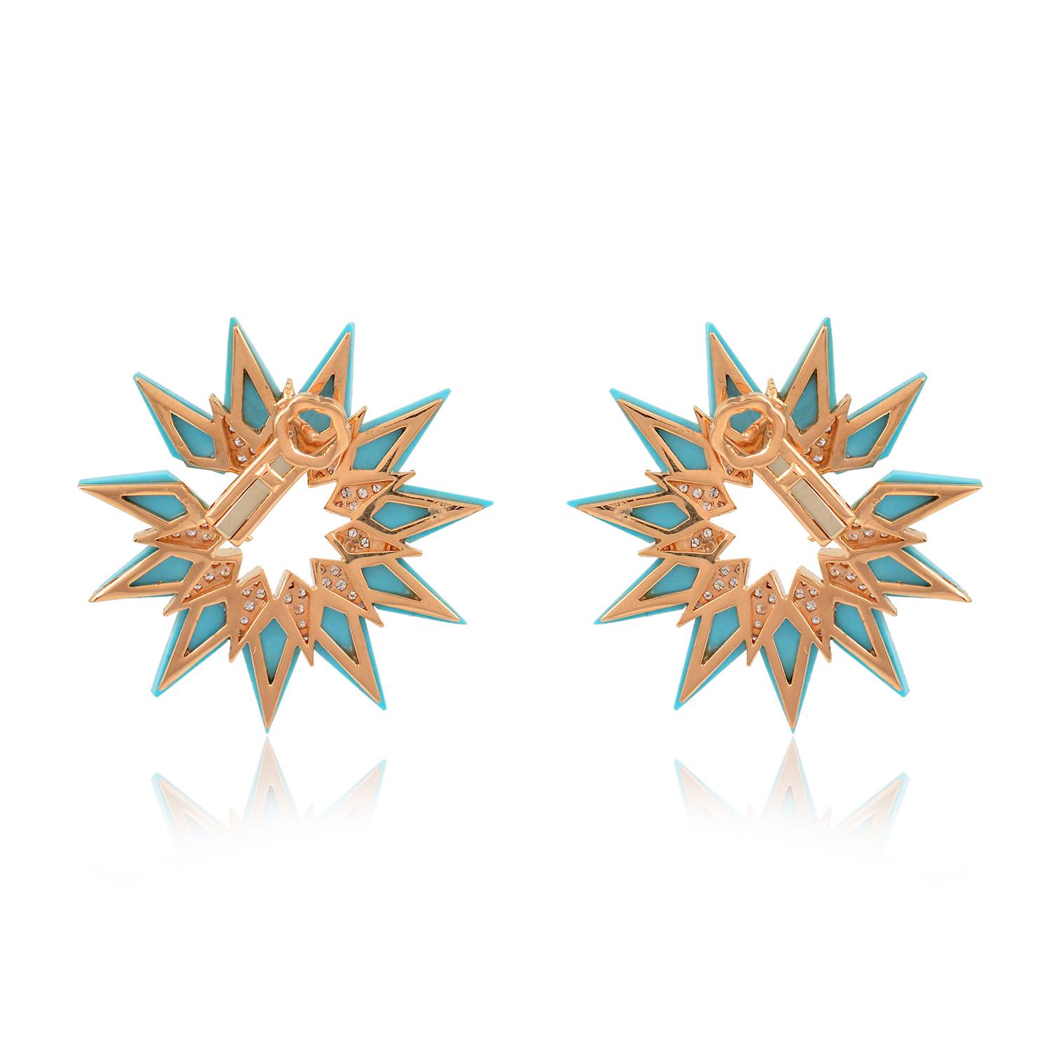 Modern Turquoise Enamel Diamond Pave Starburst Earrings 14 Karat Rose Gold Fine Jewelry For Sale
