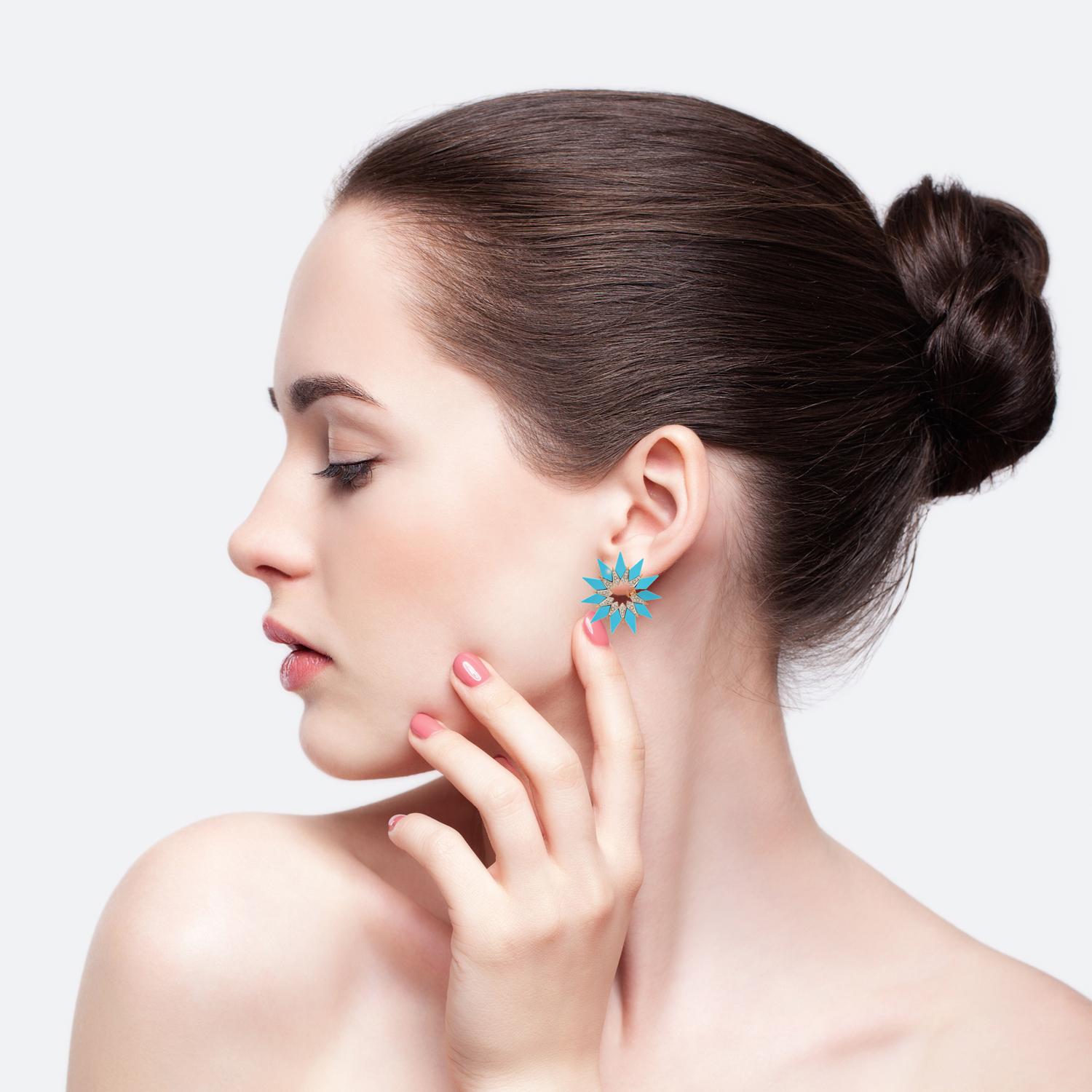 Round Cut Turquoise Enamel Diamond Pave Starburst Earrings 14 Karat Rose Gold Fine Jewelry For Sale