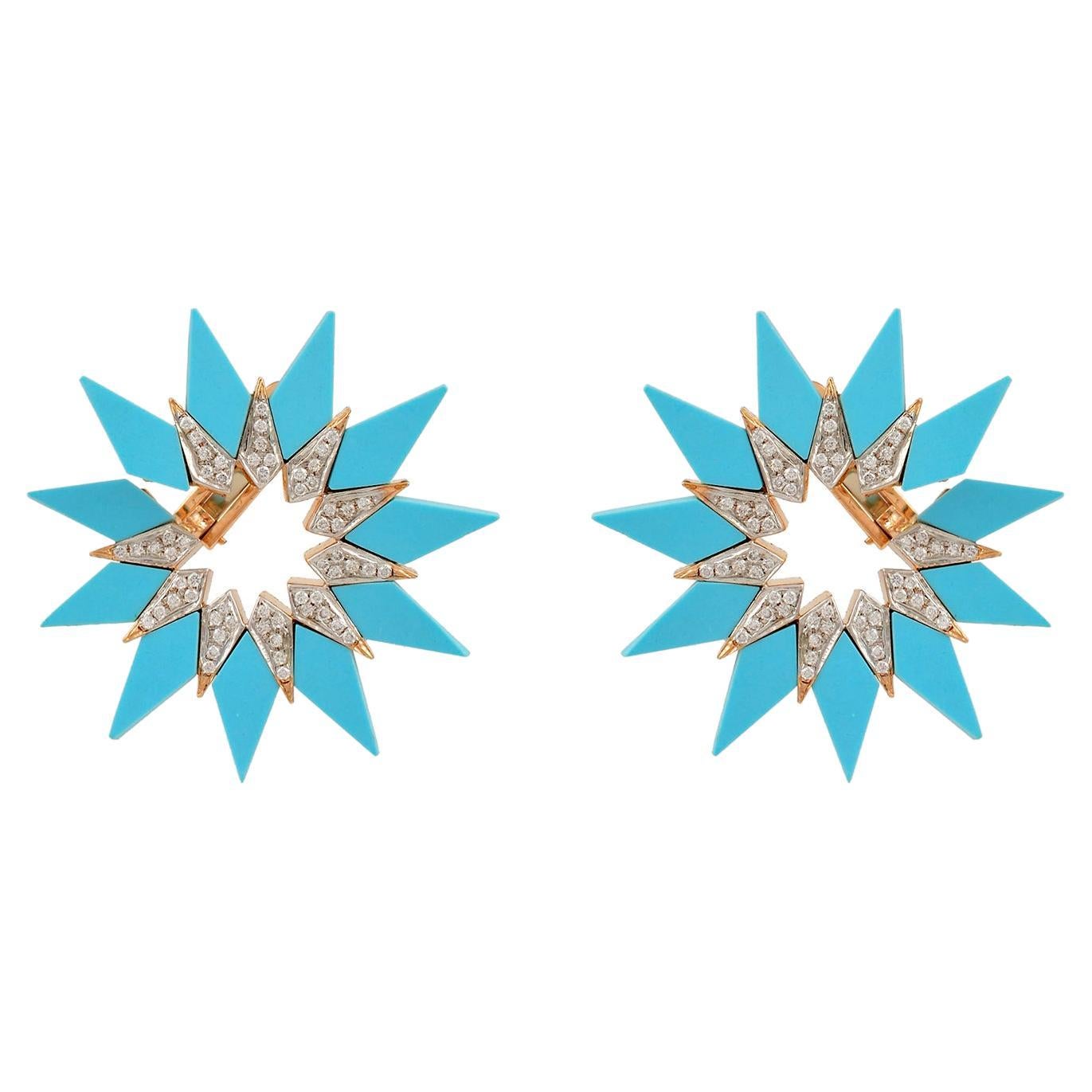 Turquoise Enamel Diamond Pave Starburst Earrings 14 Karat Rose Gold Fine Jewelry For Sale