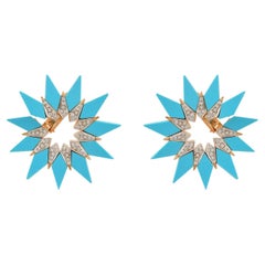 Boucles d'oreilles Turquoise Émail Diamant Pave Starburst Or rose 14 carats Bijoux fins