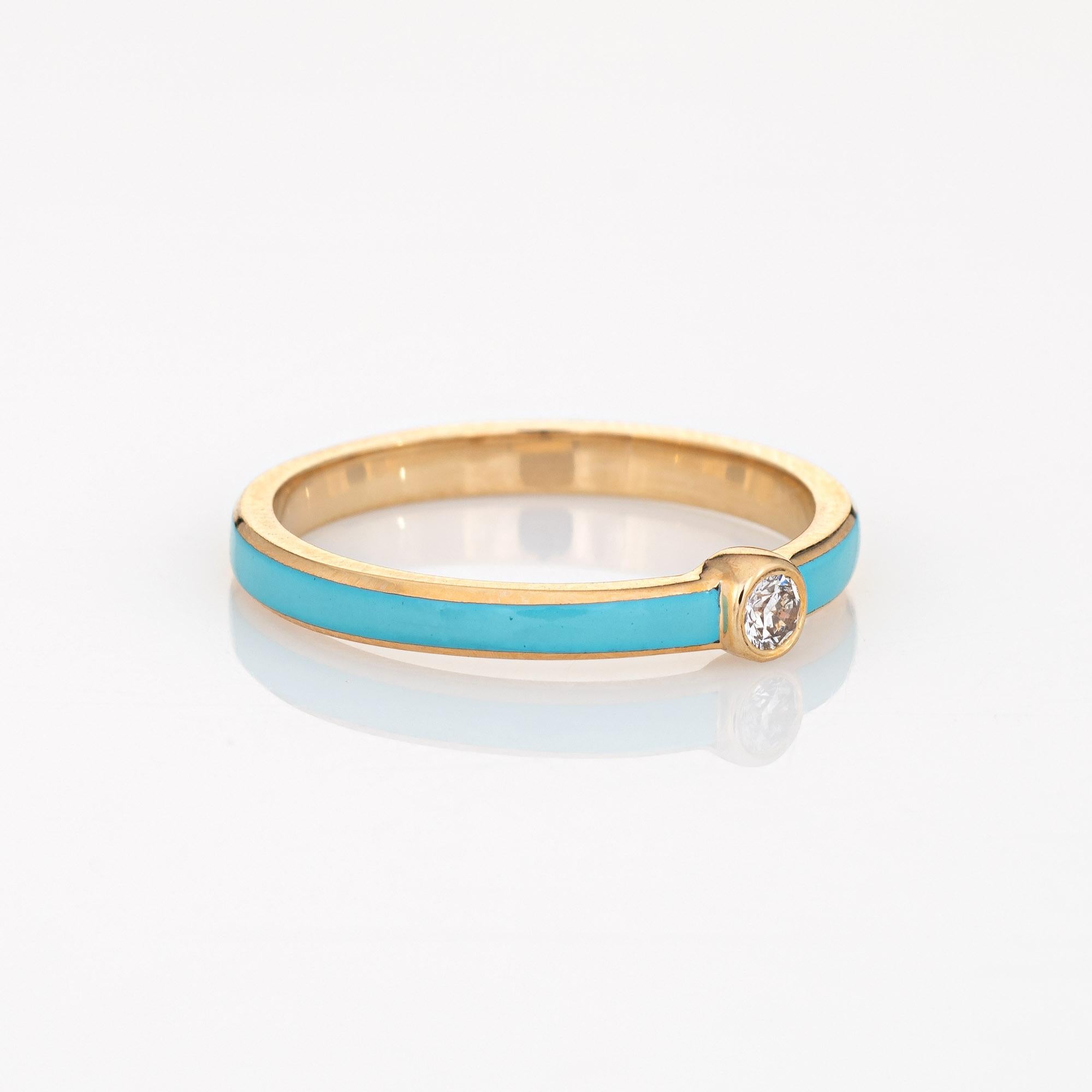 Modern Turquoise Enamel Diamond Ring 14k Yellow Gold Stacking Band Jewelry For Sale