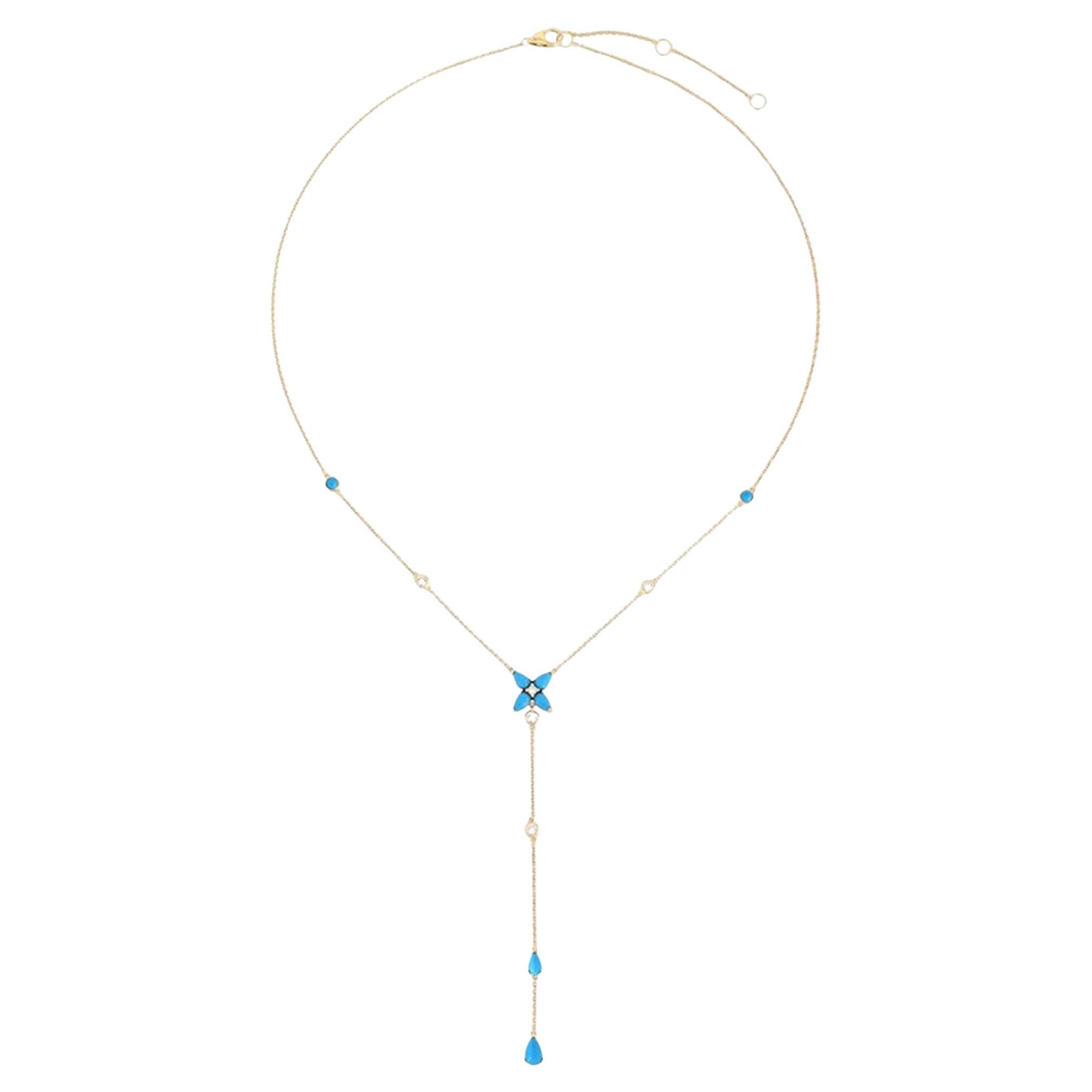 Collier lariat en or jaune 14 carats avec une fleur composée de turquoise de 1,60 ct et de diamants de 0,25 ct
